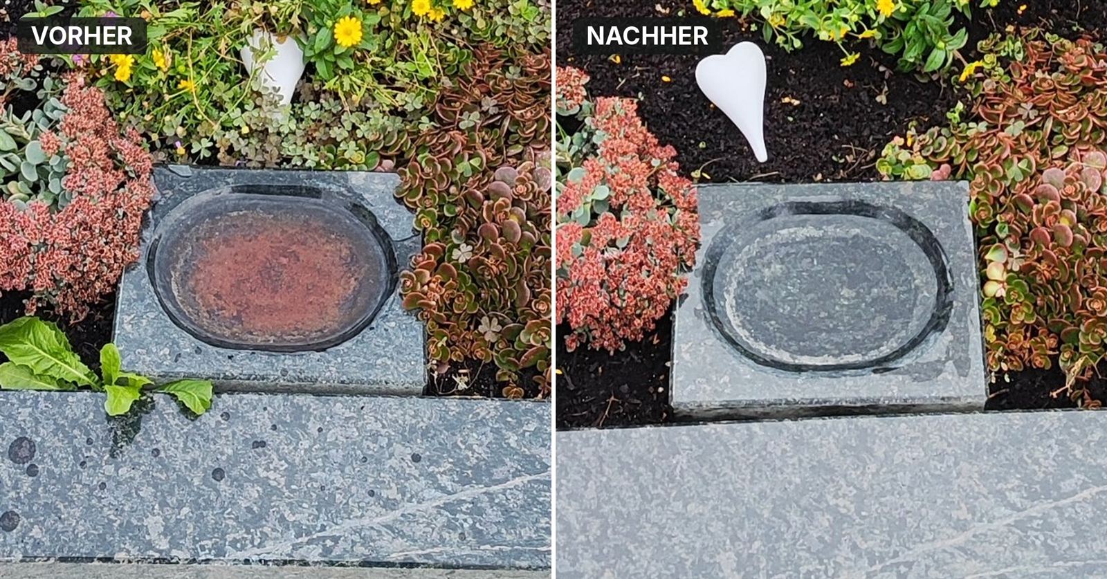 Links das Weihwasserbecken vorher mit braunem Belag, rechts nachher sauber