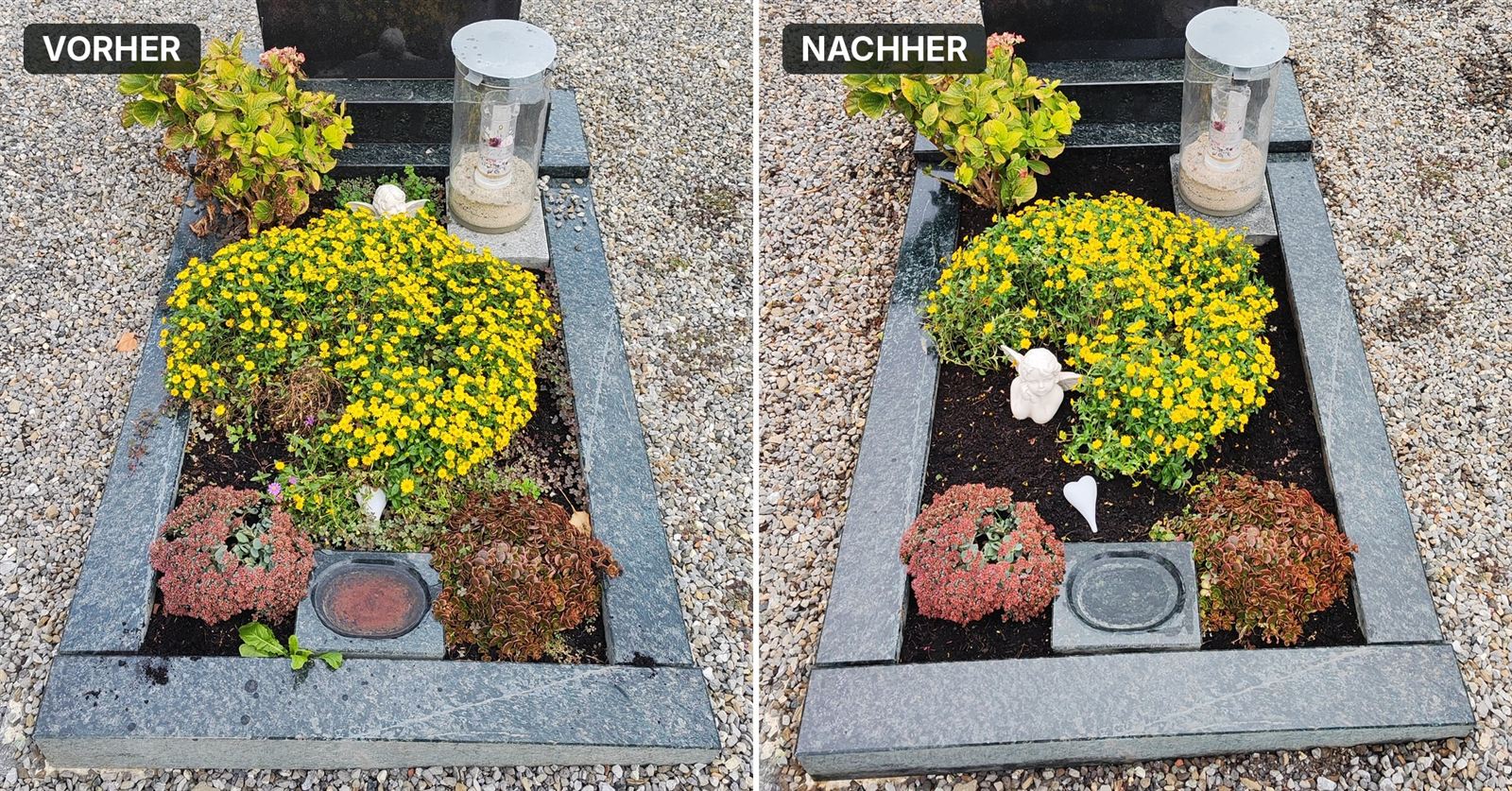 Links das Grab vorher mit Unkraut und Verwelktem, rechts nachher sauber und gepflegt